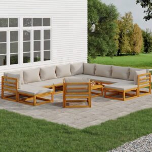 12 Piece Garden Lounge Set with Light Grey Cushions Solid Wood