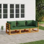 3 Piece Garden Lounge Set with Green Cushions  Solid Acacia Wood  Comfortable and Modular Design