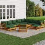 12 Piece Garden Lounge Set with Green Cushions Solid Wood