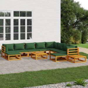 12 Piece Garden Lounge Set with Green Cushions Solid Wood