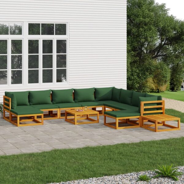 12 Piece Garden Lounge Set with Green Cushions Solid Wood