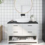 Solid Oak Wood Bathroom Countertop Dark Grey Treated Handmade Live Edge Versatile Use