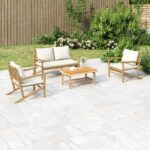 4 Piece Garden Lounge Set with Cream White Cushions Bamboo