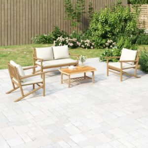 4 Piece Garden Lounge Set with Cream White Cushions Bamboo