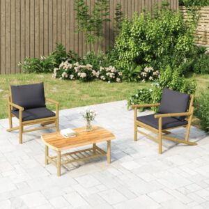 3 Piece Bamboo Garden Lounge Set with Dark Grey Cushions - Comfortable Outdoor Seating