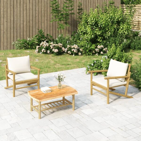 3 Piece Bamboo Garden Lounge Set with Cream White Cushions - Outdoor Furniture Set