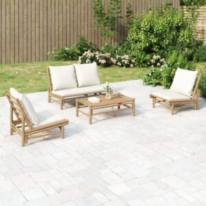 4 Piece Garden Lounge Set with Cream White Cushions Bamboo