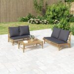 3 Piece Garden Lounge Set with Dark Grey Cushions Bamboo