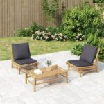 Three Piece Bamboo Garden Lounge Set with Dark Grey Cushions - Outdoor Furniture