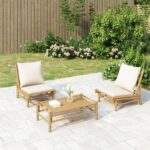 3 Piece Bamboo Garden Lounge Set with Cream White Cushions  Outdoor Furniture Set