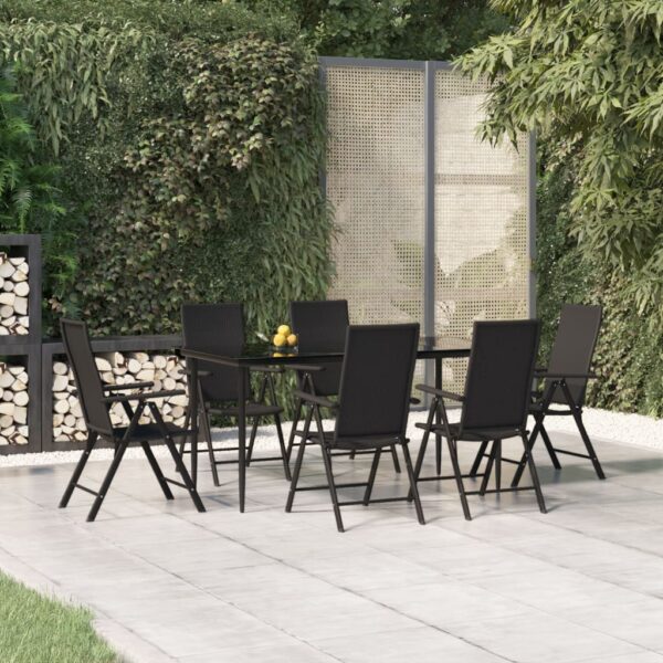 7 Piece Garden Dining Set Black Poly Rattan