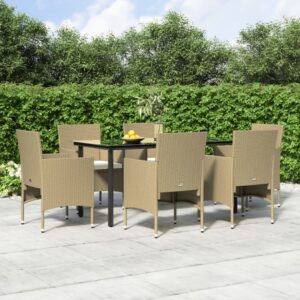 7 Piece Garden Dining Set with Cushions Beige and Black