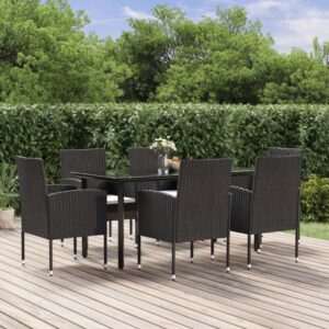 7 Piece Garden Dining Set with Cushions Black Poly Rattan