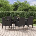 7 Piece Garden Dining Set with Cushions Black Poly Rattan