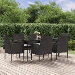 7 Piece Garden Dining Set with Cushions Black Poly Rattan