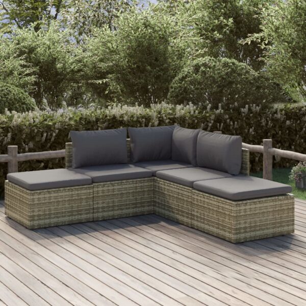 5 Piece Garden Lounge Set with Cushions Grey Poly Rattan