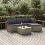 5 Piece Garden Lounge Set with Cushions Grey Poly Rattan