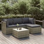 5 Piece Garden Lounge Set with Cushions Grey Poly Rattan