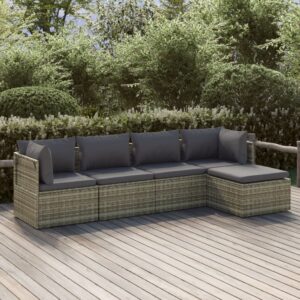 5 Piece Garden Lounge Set with Cushions Grey Poly Rattan