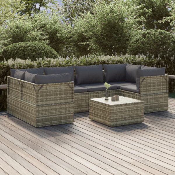 7 Piece Garden Lounge Set with Cushions Grey Poly Rattan