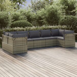 7 Piece Garden Lounge Set with Cushions Grey Poly Rattan