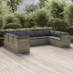 9 Piece Garden Lounge Set with Cushions Grey Poly Rattan