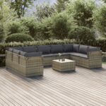 10 Piece Garden Lounge Set with Cushions Grey Poly Rattan