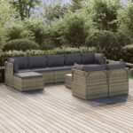 10 Piece Garden Lounge Set with Cushions Grey Poly Rattan