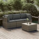 4 Piece Garden Lounge Set with Cushions Grey Poly Rattan