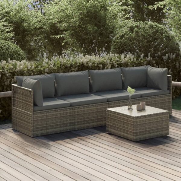 5 Piece Garden Lounge Set with Cushions Grey Poly Rattan