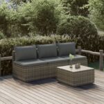 4 Piece Garden Lounge Set with Cushions Grey Poly Rattan