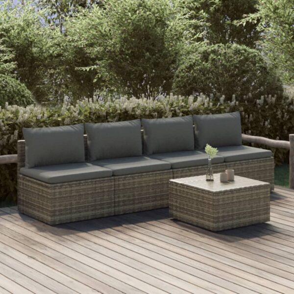 5 Piece Garden Lounge Set with Cushions Grey Poly Rattan