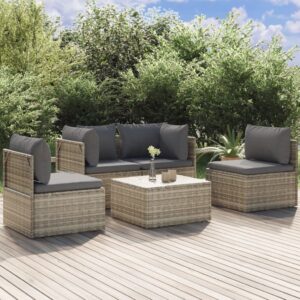 5 Piece Garden Lounge Set with Cushions Grey Poly Rattan