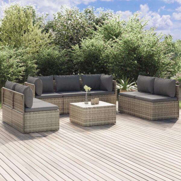 8 Piece Garden Lounge Set with Cushions Grey Poly Rattan