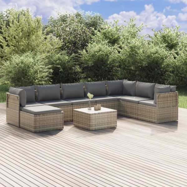 9 Piece Garden Lounge Set with Cushions Grey Poly Rattan