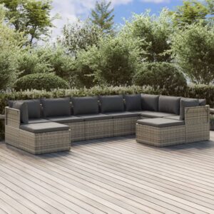 9 Piece Garden Lounge Set with Cushions Grey Poly Rattan