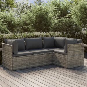 4 Piece Garden Lounge Set with Cushions Grey Poly Rattan