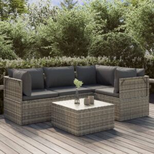 5 Piece Garden Lounge Set with Cushions Grey Poly Rattan