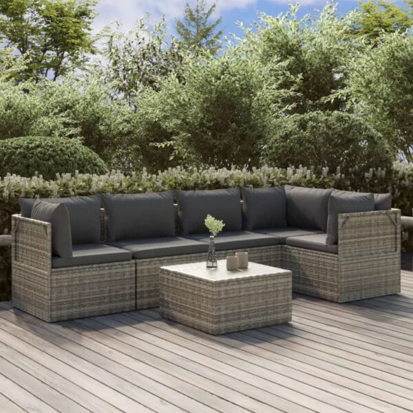 6 Piece Garden Lounge Set with Cushions Grey Poly Rattan