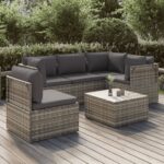 6 Piece Garden Lounge Set with Cushions Grey Poly Rattan