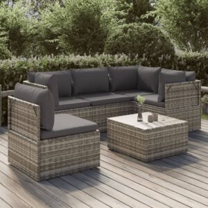 6 Piece Garden Lounge Set with Cushions Grey Poly Rattan