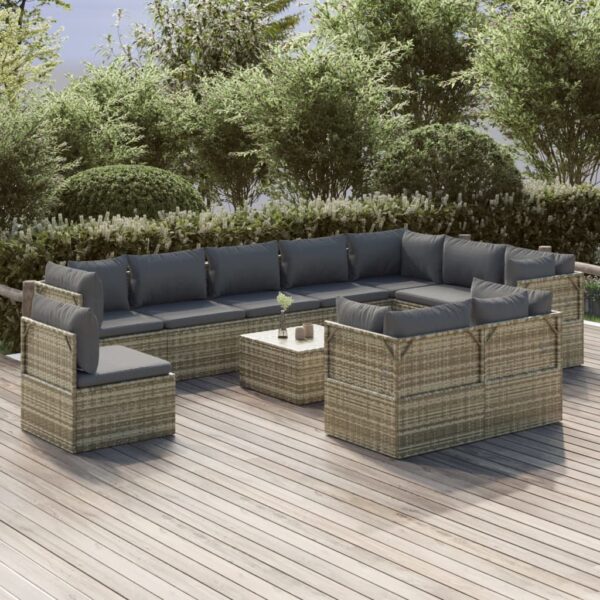 11 Piece Garden Lounge Set with Cushions Grey Poly Rattan