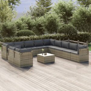 12 Piece Garden Lounge Set with Cushions Grey Poly Rattan