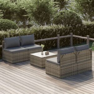 5 Piece Garden Lounge Set with Cushions Grey Poly Rattan