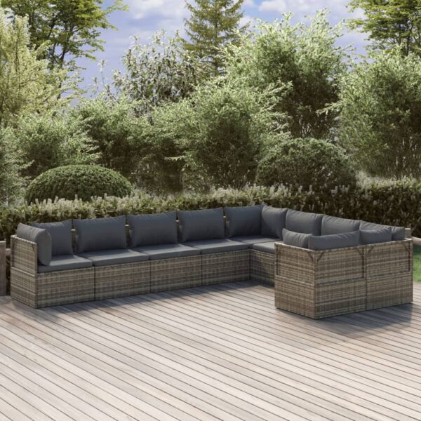 9 Piece Garden Lounge Set with Cushions Grey Poly Rattan