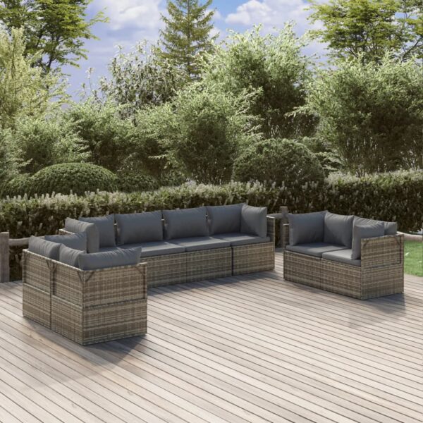 8 Piece Garden Lounge Set with Cushions Grey Poly Rattan