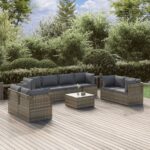 9 Piece Garden Lounge Set with Cushions Grey Poly Rattan