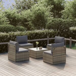 5 Piece Garden Lounge Set with Cushions Grey Poly Rattan