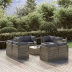 9 Piece Garden Lounge Set with Cushions Grey Poly Rattan