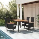 5 Piece Garden Dining Set with Cushions Black Poly Rattan